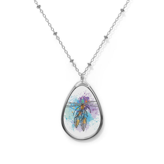 Bohemian Feather Oval Necklace - Colorful Watercolor Design - Unique Artisan Jewelry